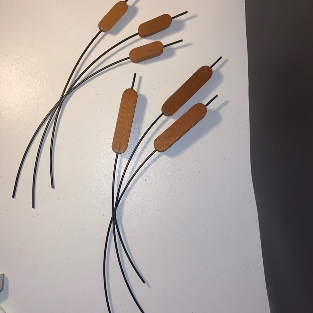 Vintage Cattails Wall Sculpture Vintage pair Homco Wood and Metal Art